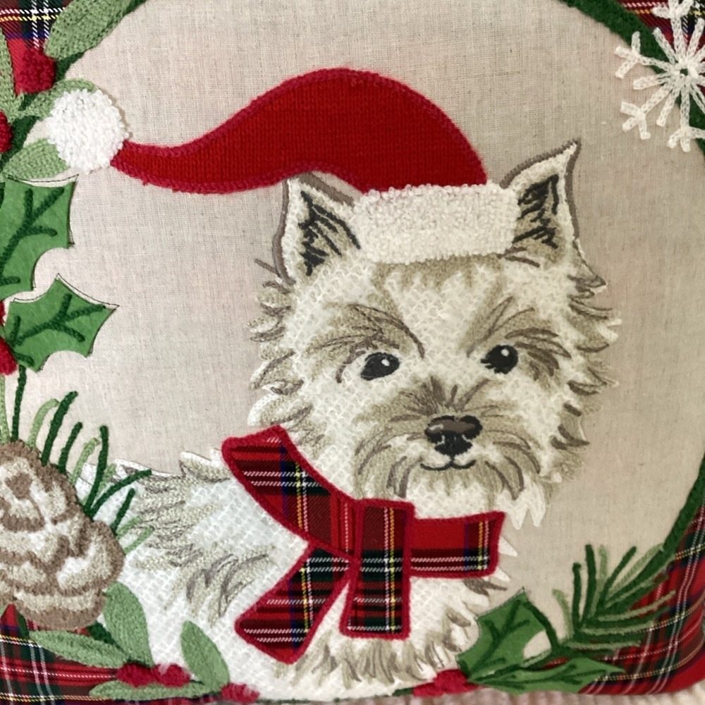 Christmas Dog Throw Pillow Yorkie Terrier Plaid Embroidered LovingKindness - Picture 2 of 11